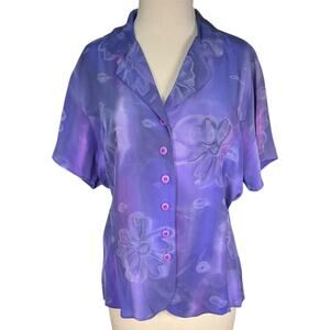 The Silk Road 100% Silk Blouse M Purple Floral Button Front Vintage Luxury